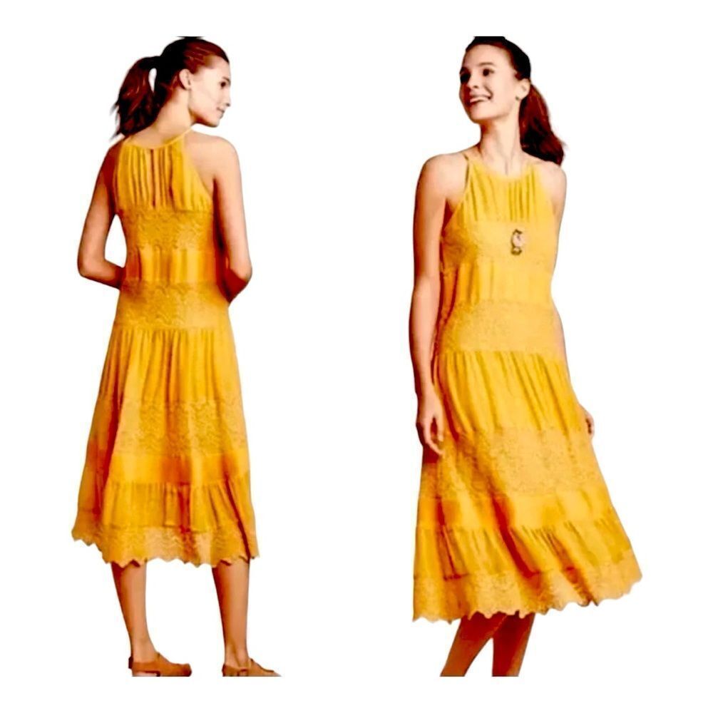 Anthropologie HD in Paris Villanelle Lace Yellow Summer Bohemian Midi Dress sz S
